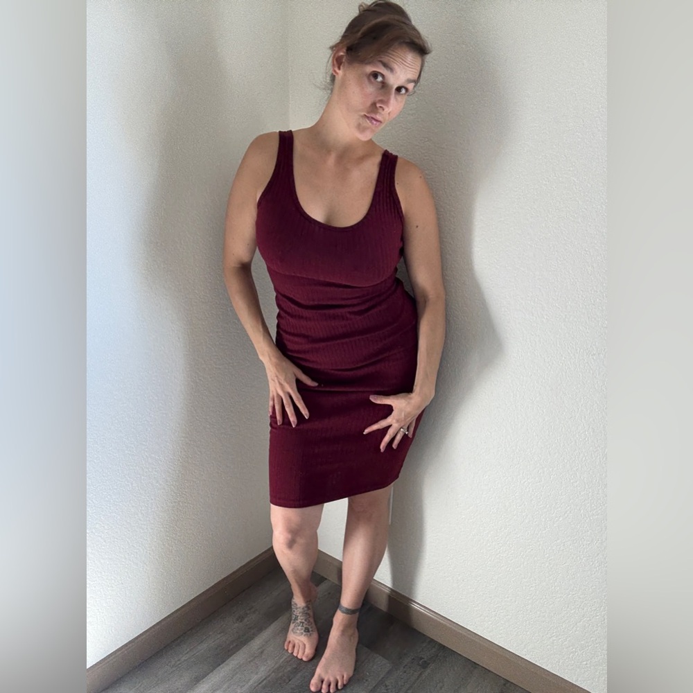 Ribbed Midi Tank Dress Flattering Bodycon Wine Merlot Stretch Small - Picture 5 of 11